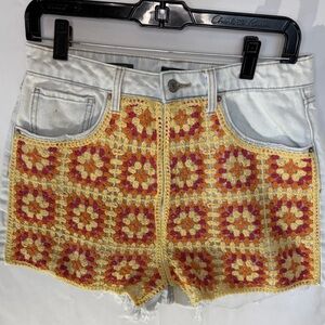 Wild Fable High Rise Denim Shorts Cut Off Crochet Granny Square Front Panel 10